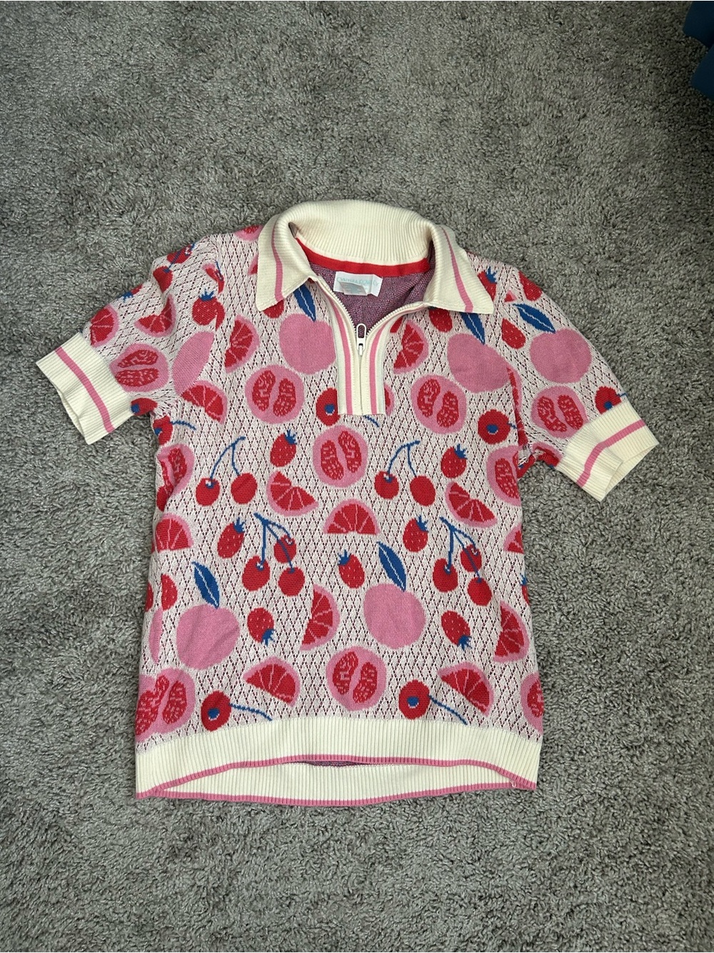 Cynthia Rowley Pink and Red Fruit-Print Short Sleeve Polo